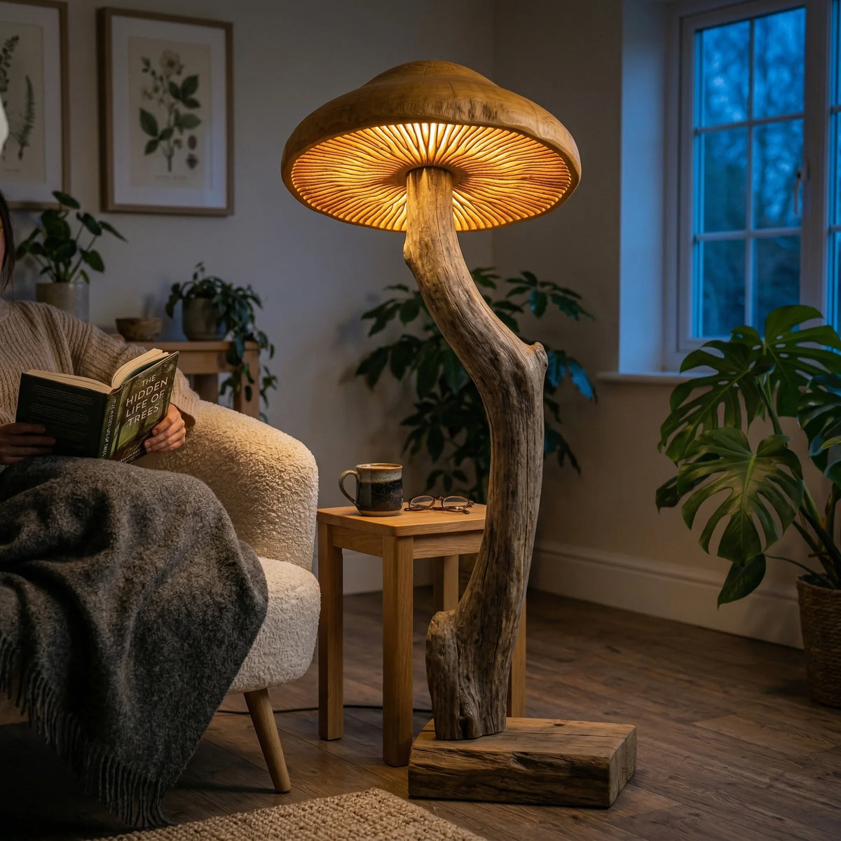 Curved Driftwood Mushroom Floor Lamp with Gill Glow Cap - 20'W x 16'D x 50'H