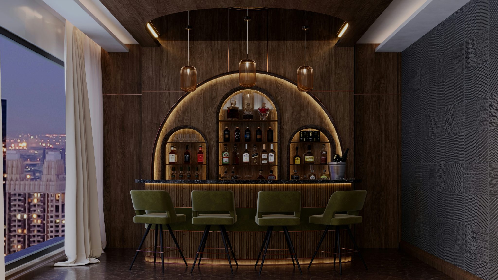 Elegant home bar with illuminated bottles and city skyline.