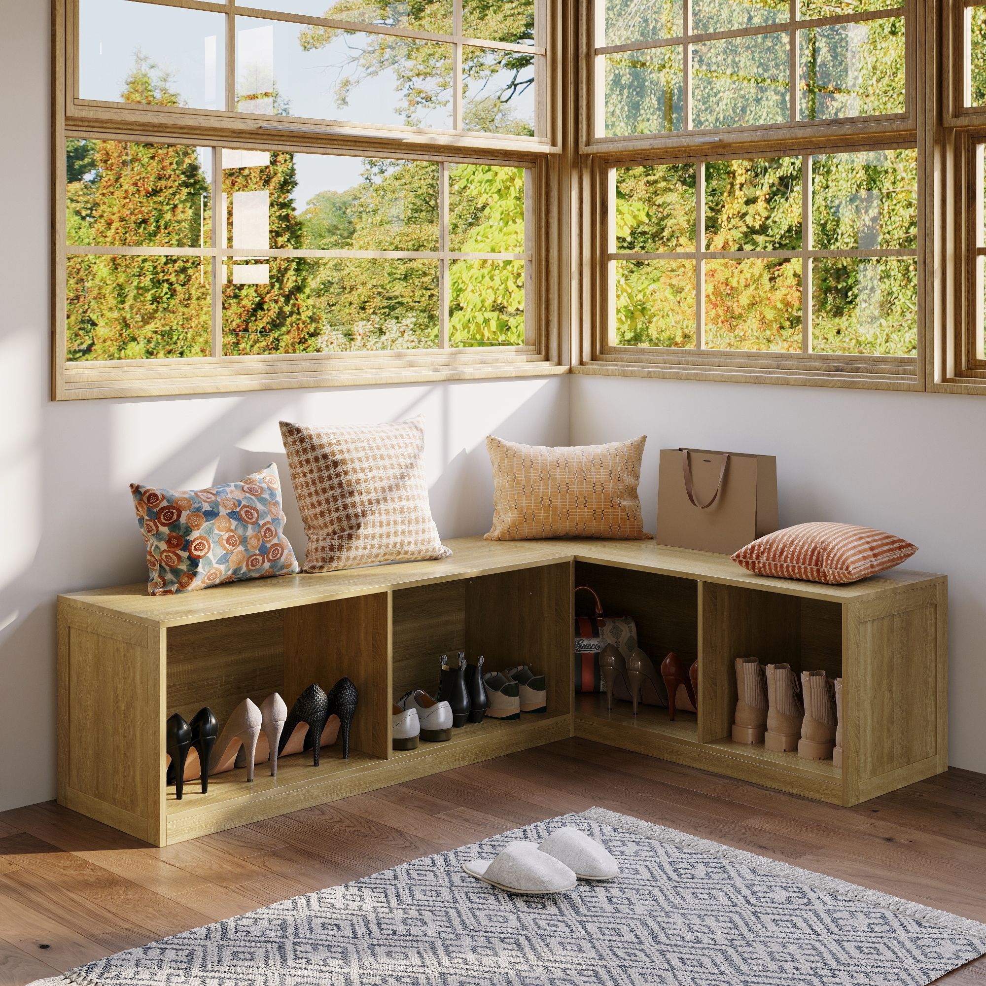 Furniture Hallway Corner Bench Seat L-Shaped Entryway Bench With Open Shoe Storage, Corner Mudroom