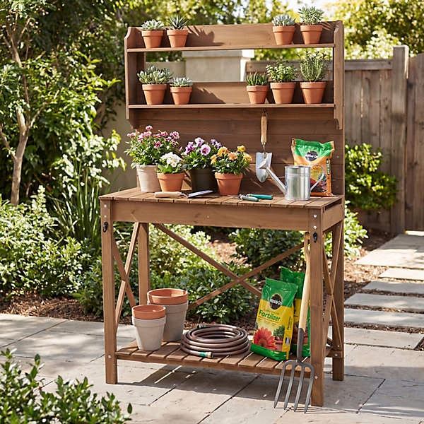 GAINOOM Outdoor Potting Bench Table Wooden Garden Workstation with Sliding Tabletop & 2 Removable Sink Basins