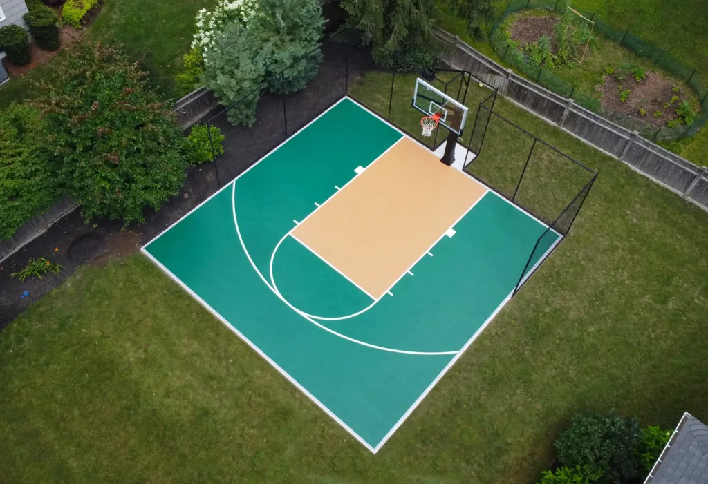 Gallery of backyard court and home gym installations featuring SnapSports