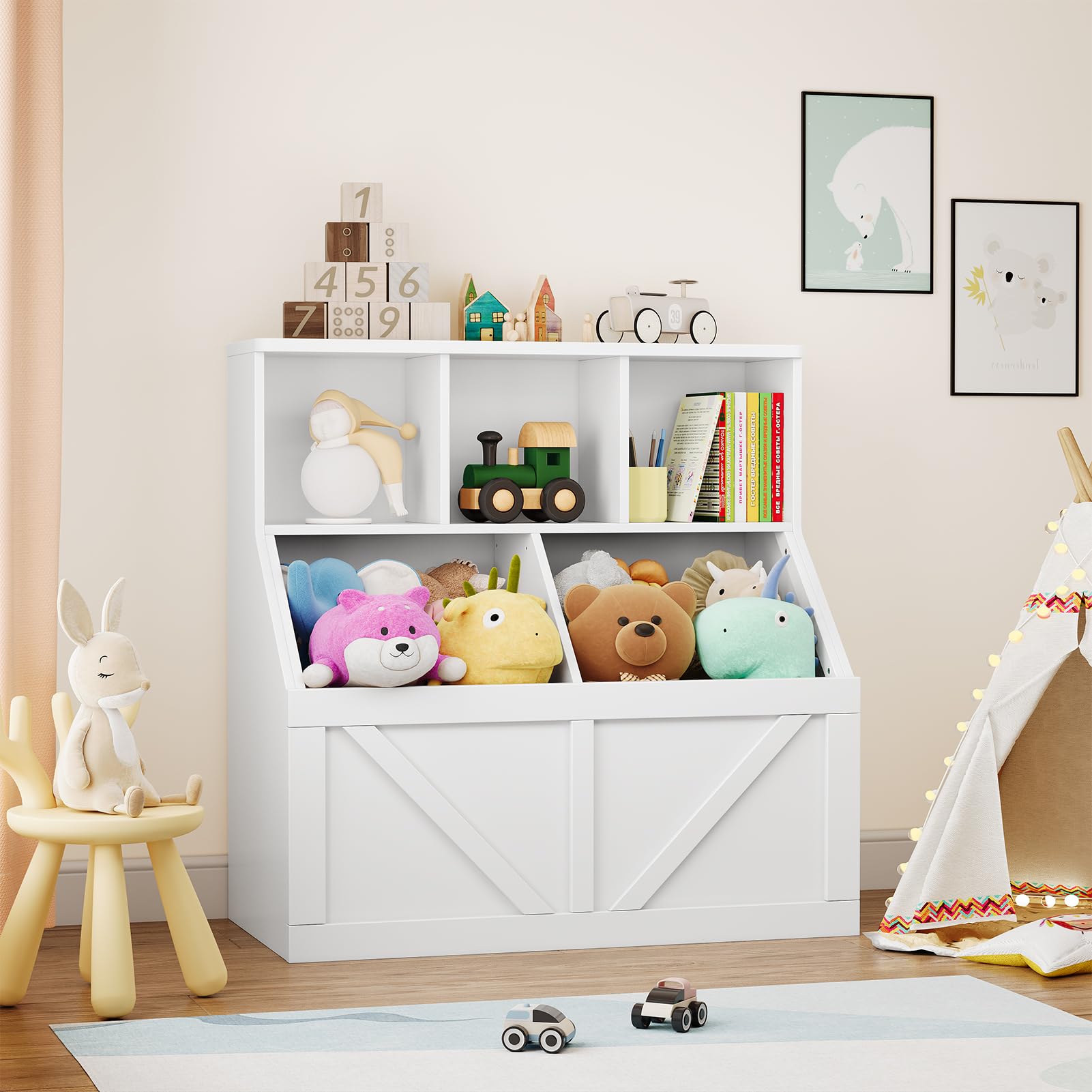 Garvee Kids Bookshelf and Toy Storage, Kids Toy Storage Organizer, Toy Storage Cabinet with Toy Shelf, Toddler Bookshelf Toy Organizer and Storage