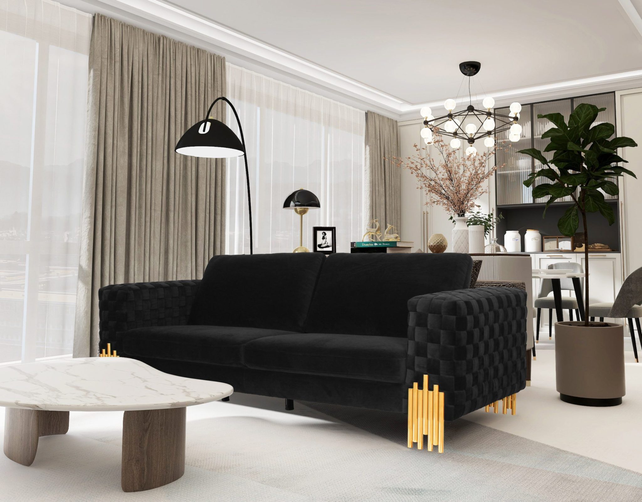 Georgia- Modern Velvet Glam Black + Gold Sofa