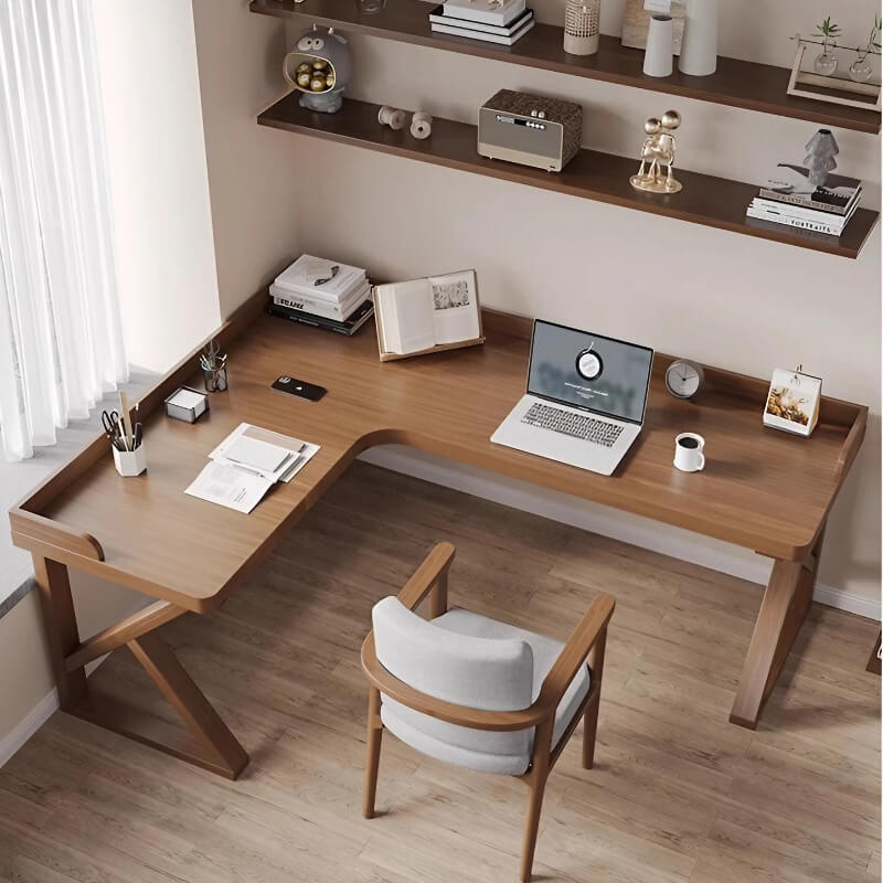 L Shaped Desk - Nordic Style, Walnut Top, Wood Base, Trestle Type, Min – WEHOMZ