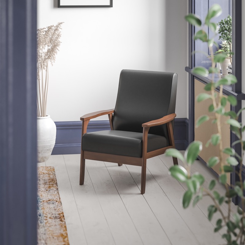 Langston - Mid-Century Modern Commercial Upholstered Accent Armchair - Black LeatherSoft
