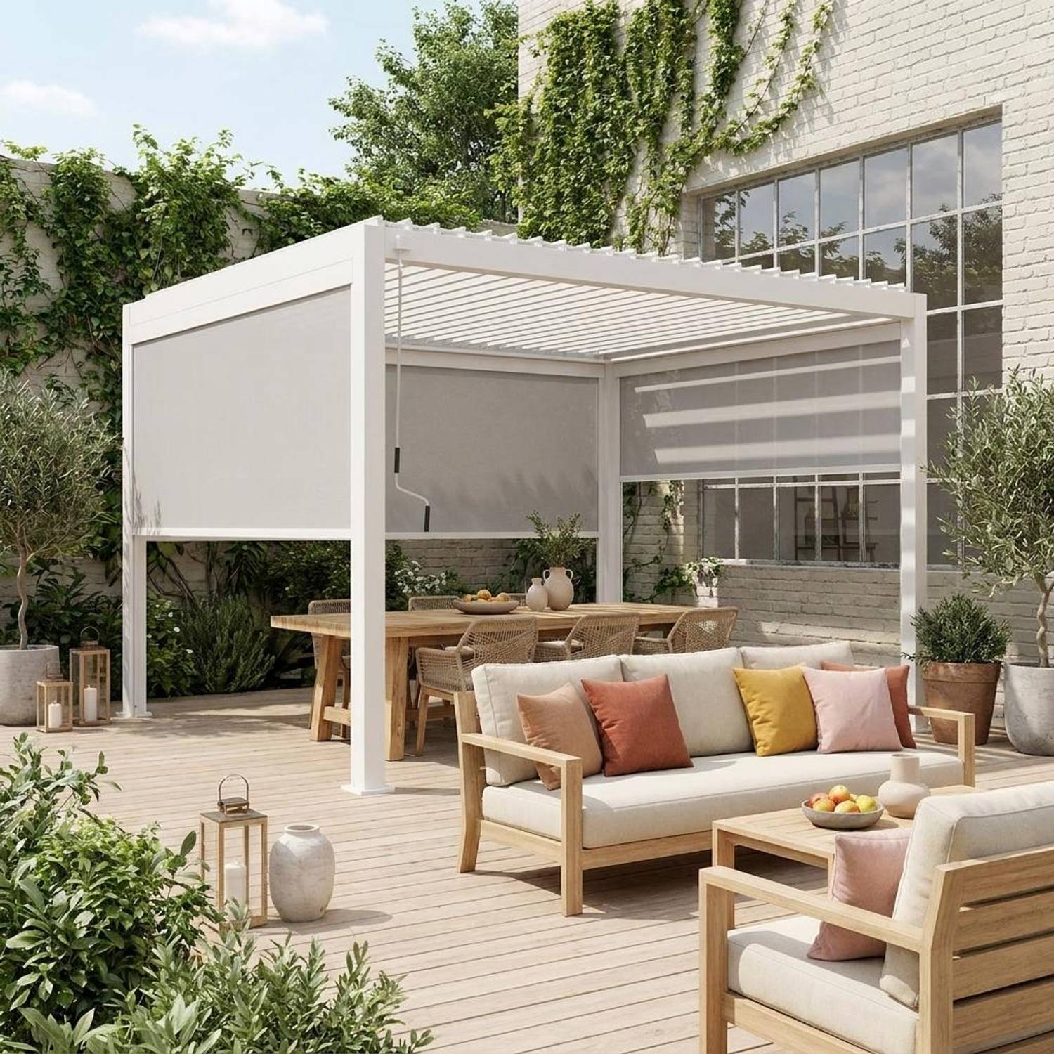 Louvered pergola 4 x 3m + 2 3m blinds and 4m blind white | sweeek