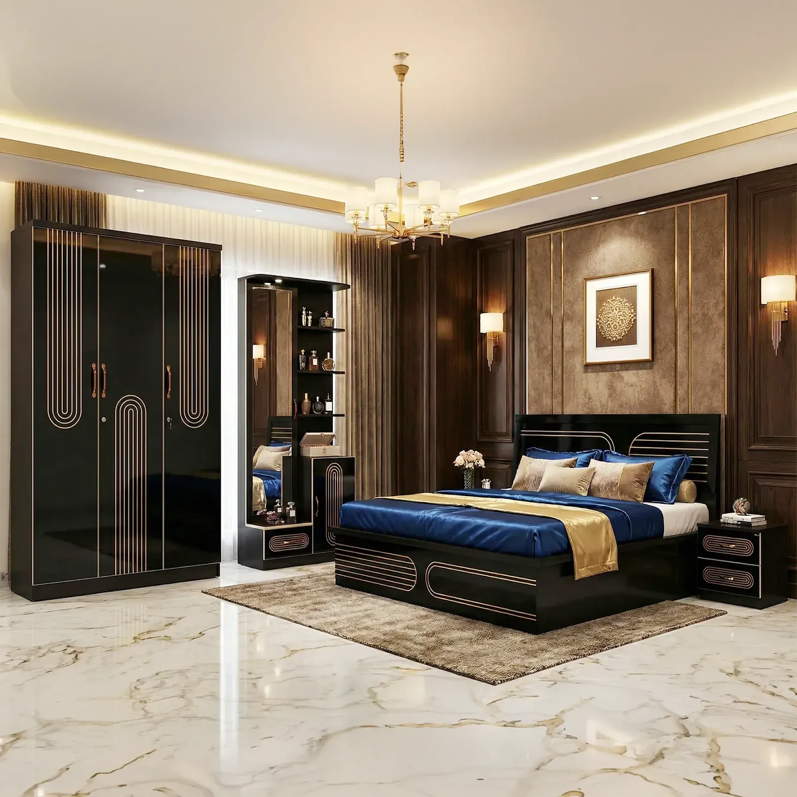 Luxurious Black & Gold Bedroom Set | MDF Board Bed, Wardrobe, Dresser & Bedside Table