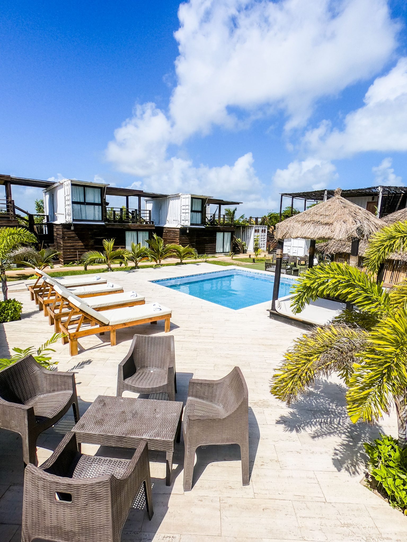 Luxurious resort pool area with lounge chairs amidst tropical palm trees.