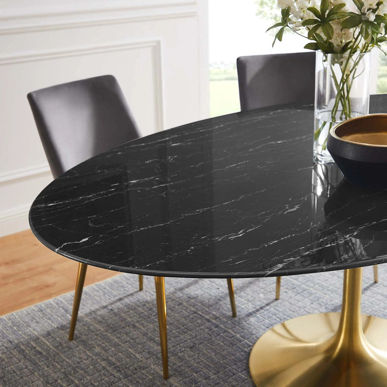 Maklaine 78' Oval Modern Artificial Marble/Metal Dining Table in Gold/Black