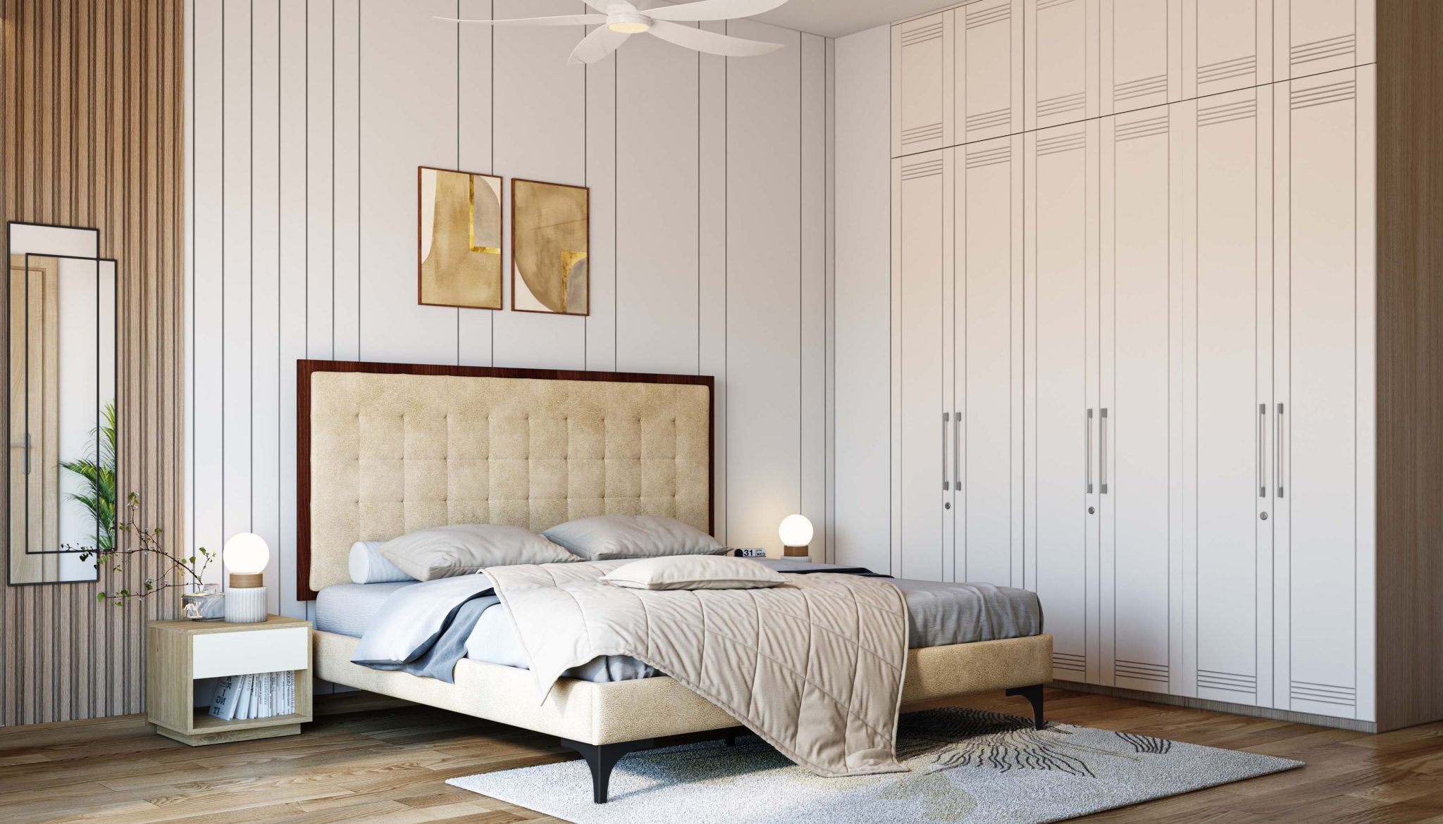 Master Bedroom Design with Modern Wall Panels and Floor-to-Ceiling Wardrobe | Livspace