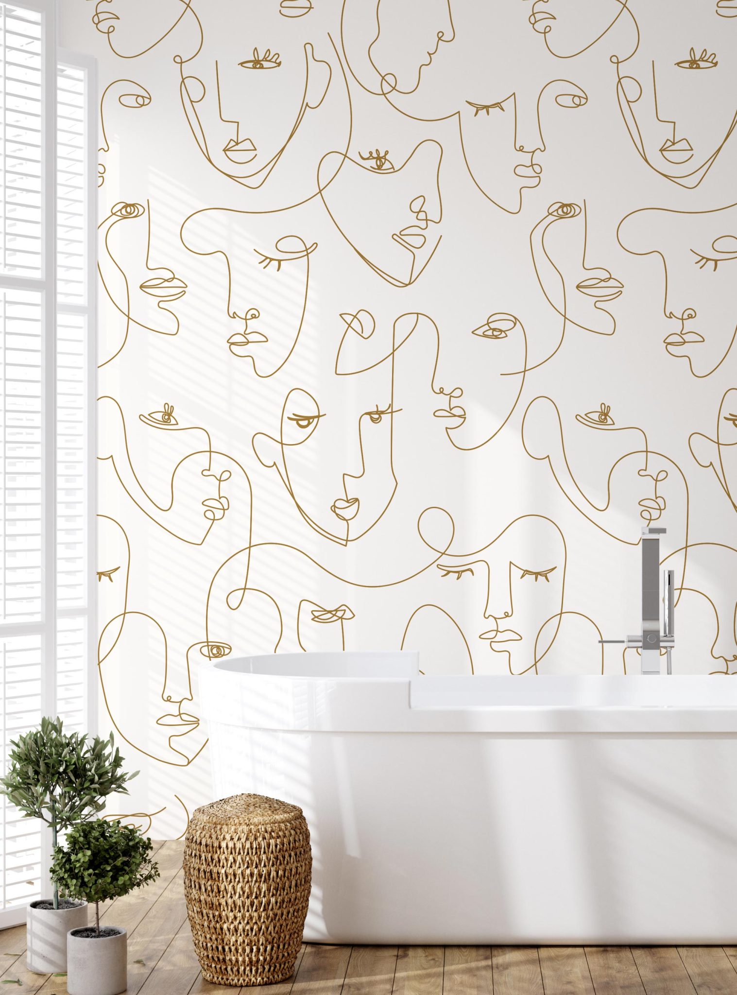 Minimalist Faces Line Art Mural Wallpaper, Small Sample 8 x 11 inches / Gold / Fabric Peel and Stick