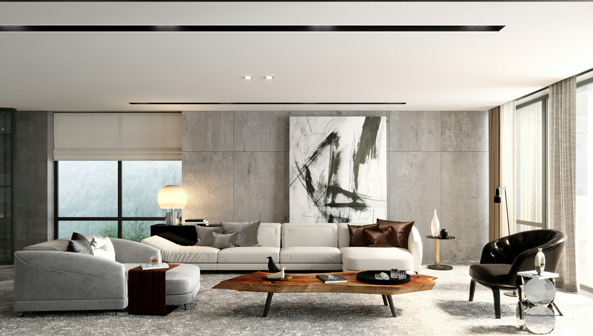 Minimalist Luxury Living Room with Concrete Wall and Live Edge Table A high-end, contemporary living room that epitomizes modern industrial luxury. The space is anchored by a large, pale sectional sof