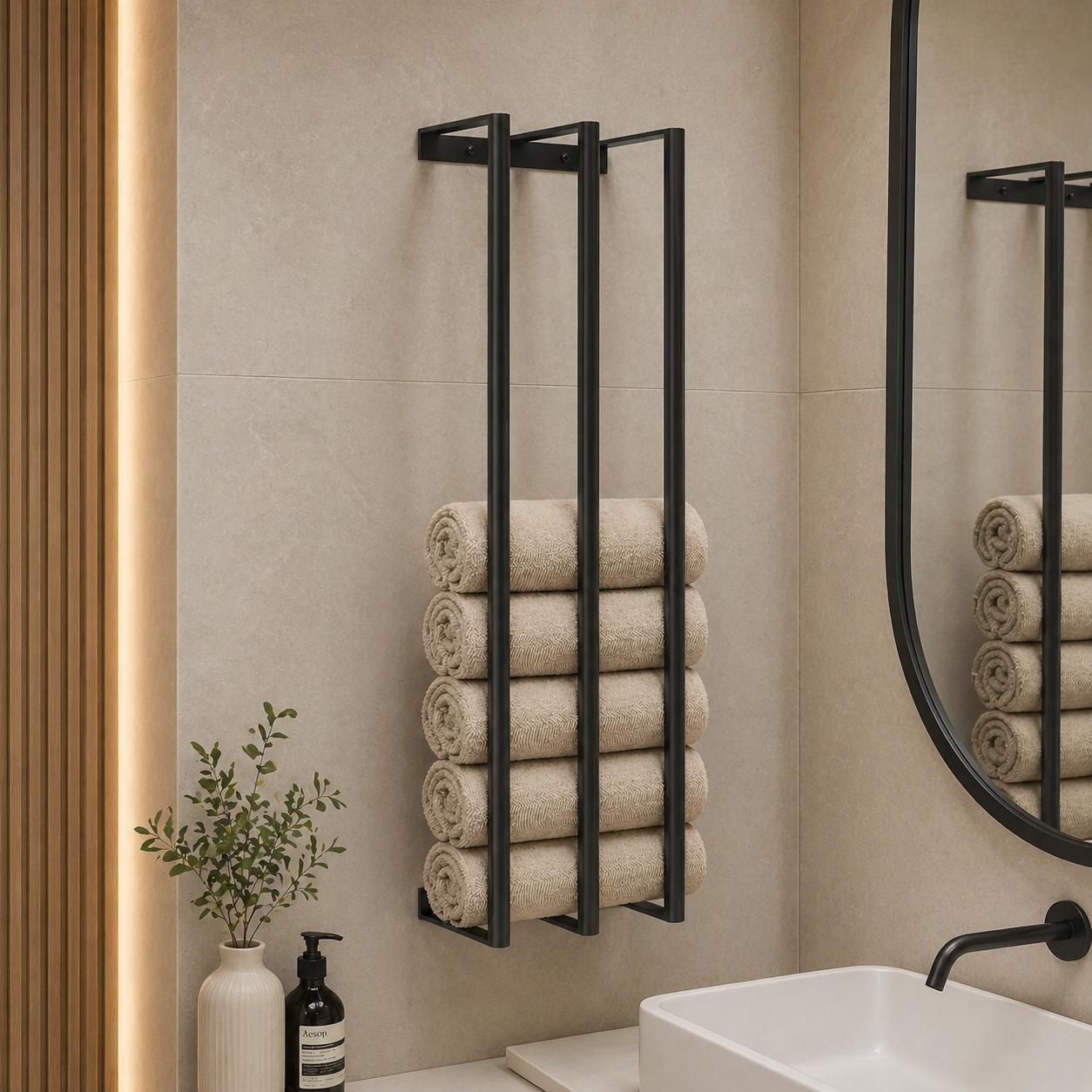 Minimalist Vertical Towel Rack Wall Mount Modern Matte Black Wall Mounted Towel Rack Minimalist Bathroom Towel