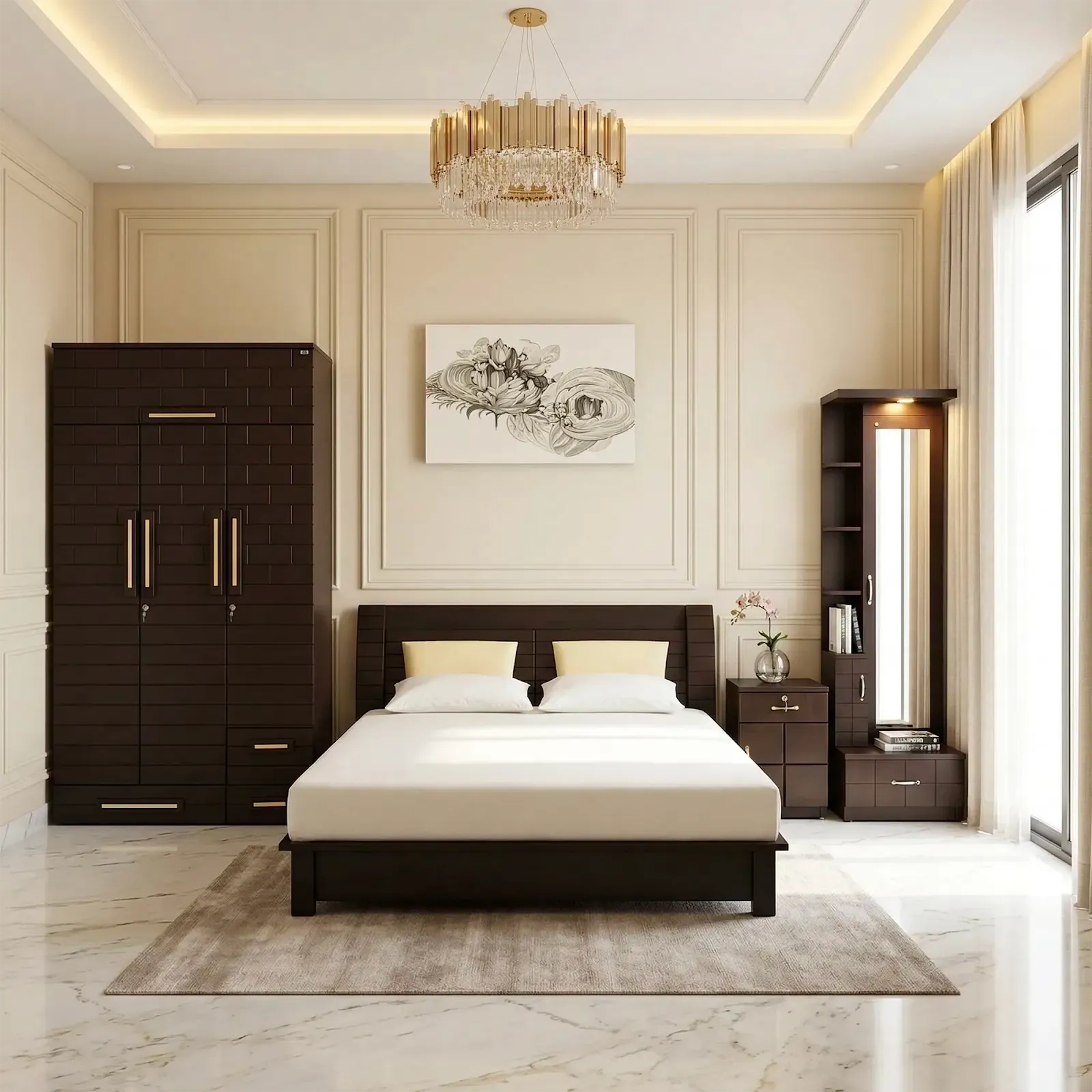Modern Dark Wood Bedroom Set | HDF Board Bed, Wardrobe & Dresser