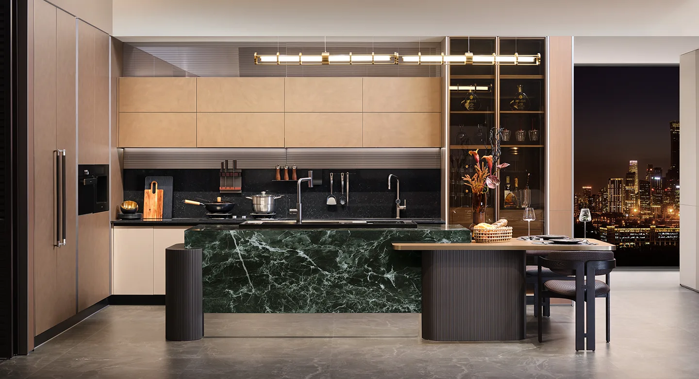 Modern Luxury Earth Tone Kitchen Cabinets With Green Island