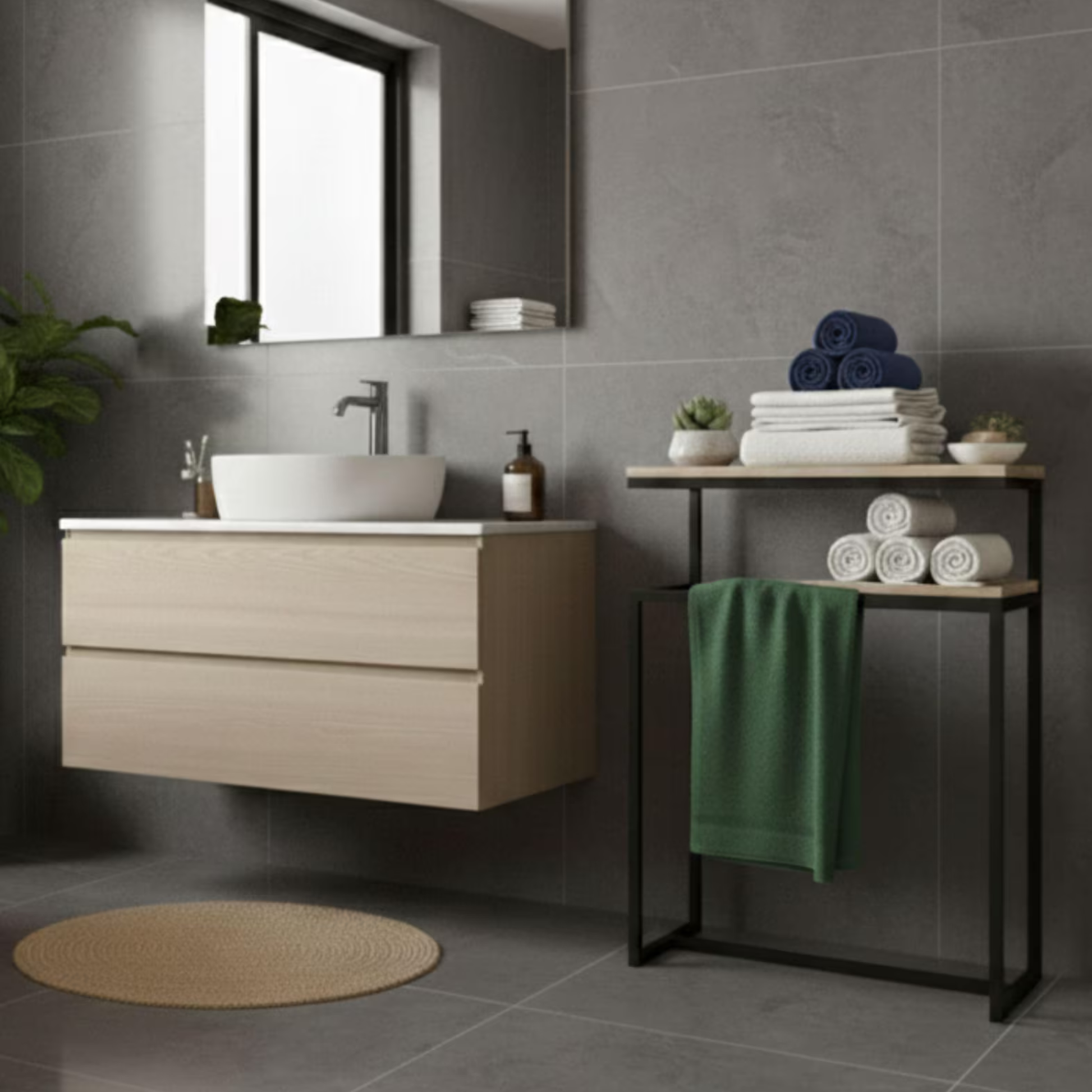 Modern Metal Bathroom Towel Rack & Wood Shelf – Freestanding Minimalis – Adaptivo Furniture