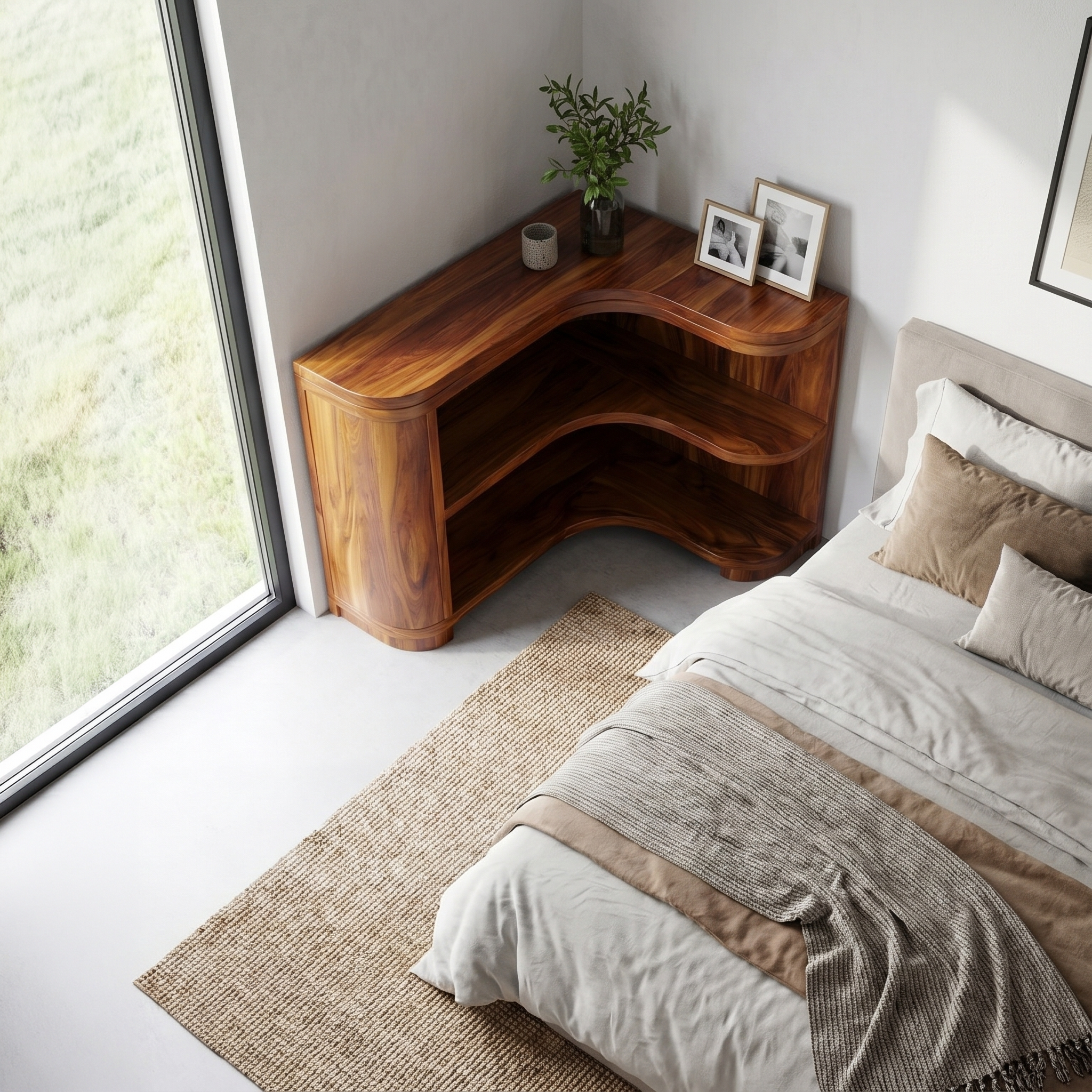 Modern Organic Corner Bookshelf With Solid Wood Open Shelves And Curve