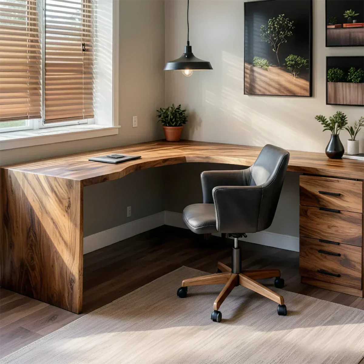 Natural Solid Wood L-Shape Desk with Integrated Storage - Brown / 45'W x 30'H x 20'D