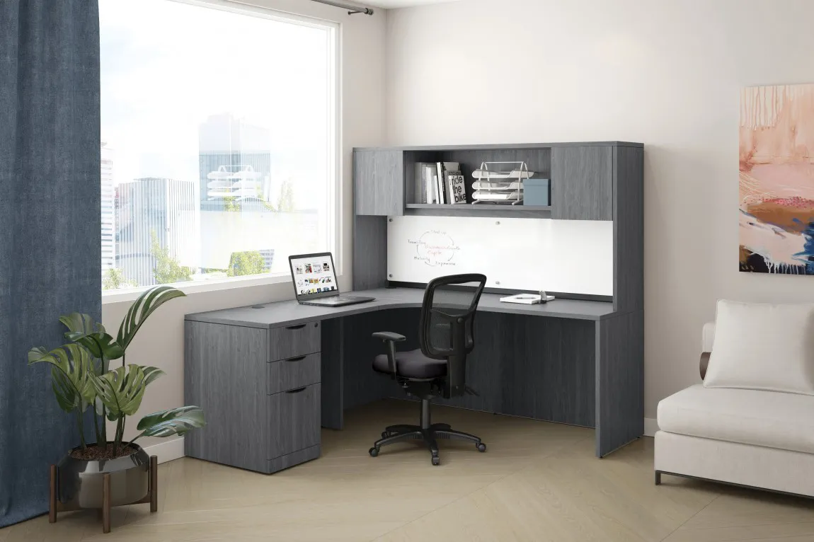 Newport Gray L Shaped Desk with Hutch and Drawers | PL Laminate by Performance Furnishings