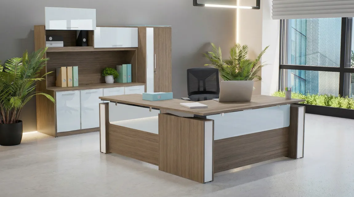 Noce Height Adjustable L Shape Desk with Storage Set | Elevare by Corp Design