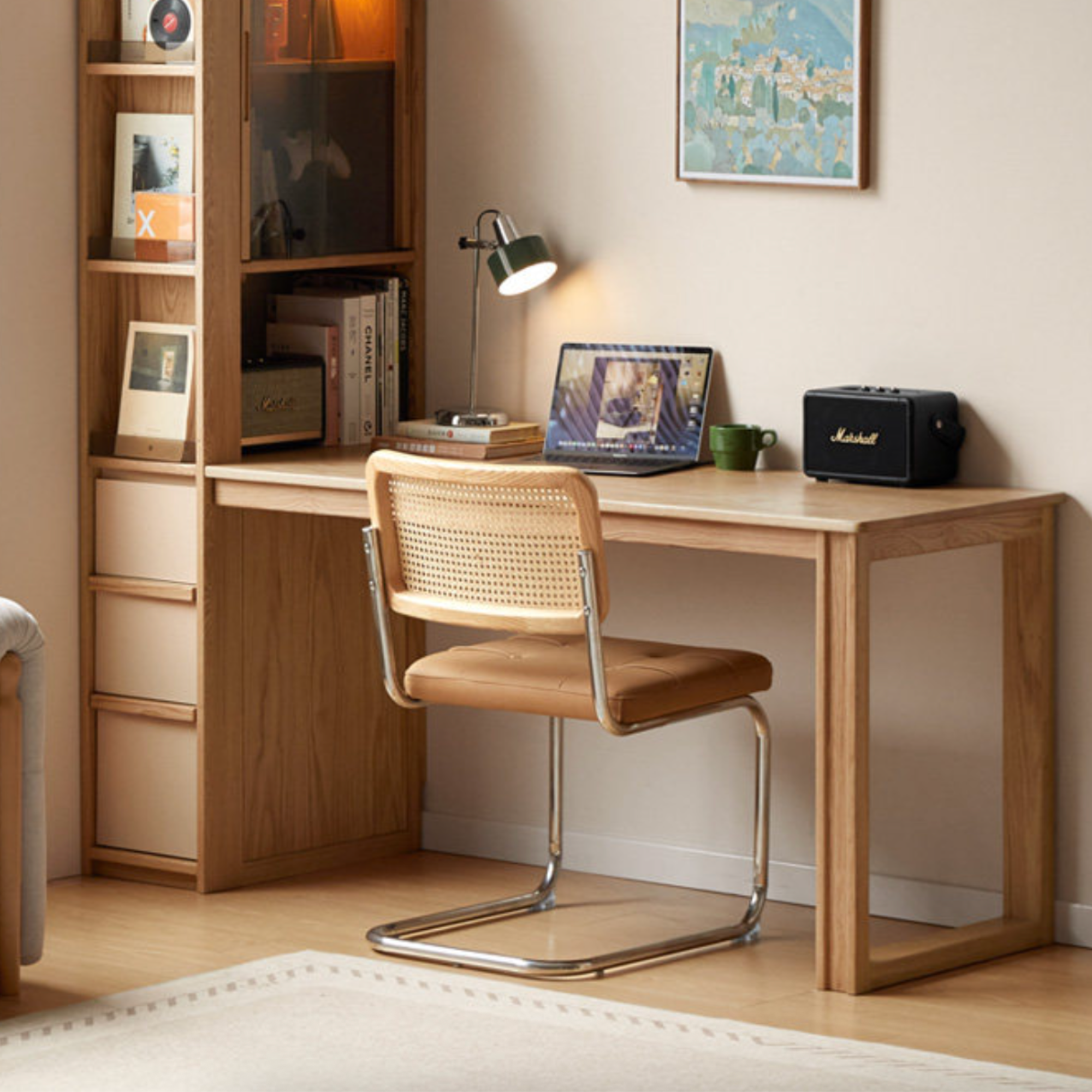 Oak Solid Wood Computer Desk with Integrated Frame and Minimalist Design 59.1x23.6x70.9 inch / 150x60x180 cm / natural Wood color / Desk with bookcase