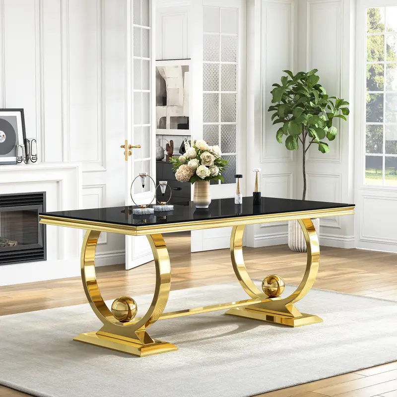 |Only Table|71&*; * Dining Table with White/Black Tempered Glass Top and Mirrored Gold /Silver Stainless Steel Pedestal Base Legs, Rectangular Table for 6-8 * Dining Room Table for Kitchen & Living 