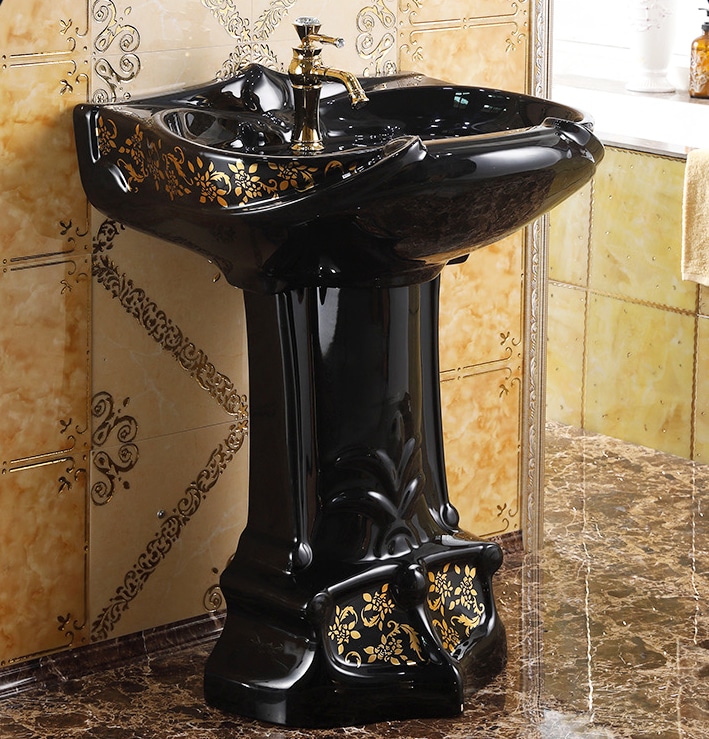 Royal Black Pedestal Basin With Gold Accents