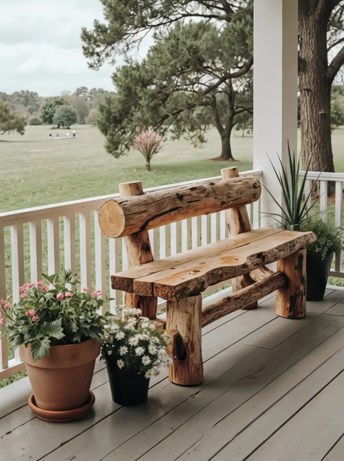 Rustic Live Edge Outdoor Wooden Bench With Backrest For Porch Or Garde