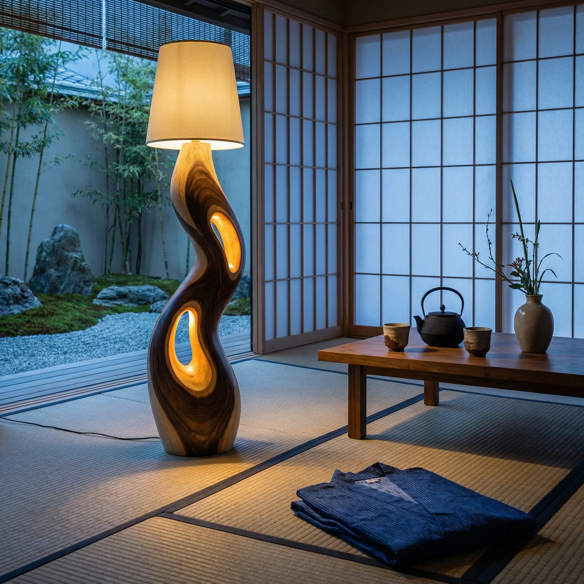 S-Curve Wooden Floor Lamp - Driftwood Standing Light With Dual Glow Openings - 12'W × 10'D × 56'H