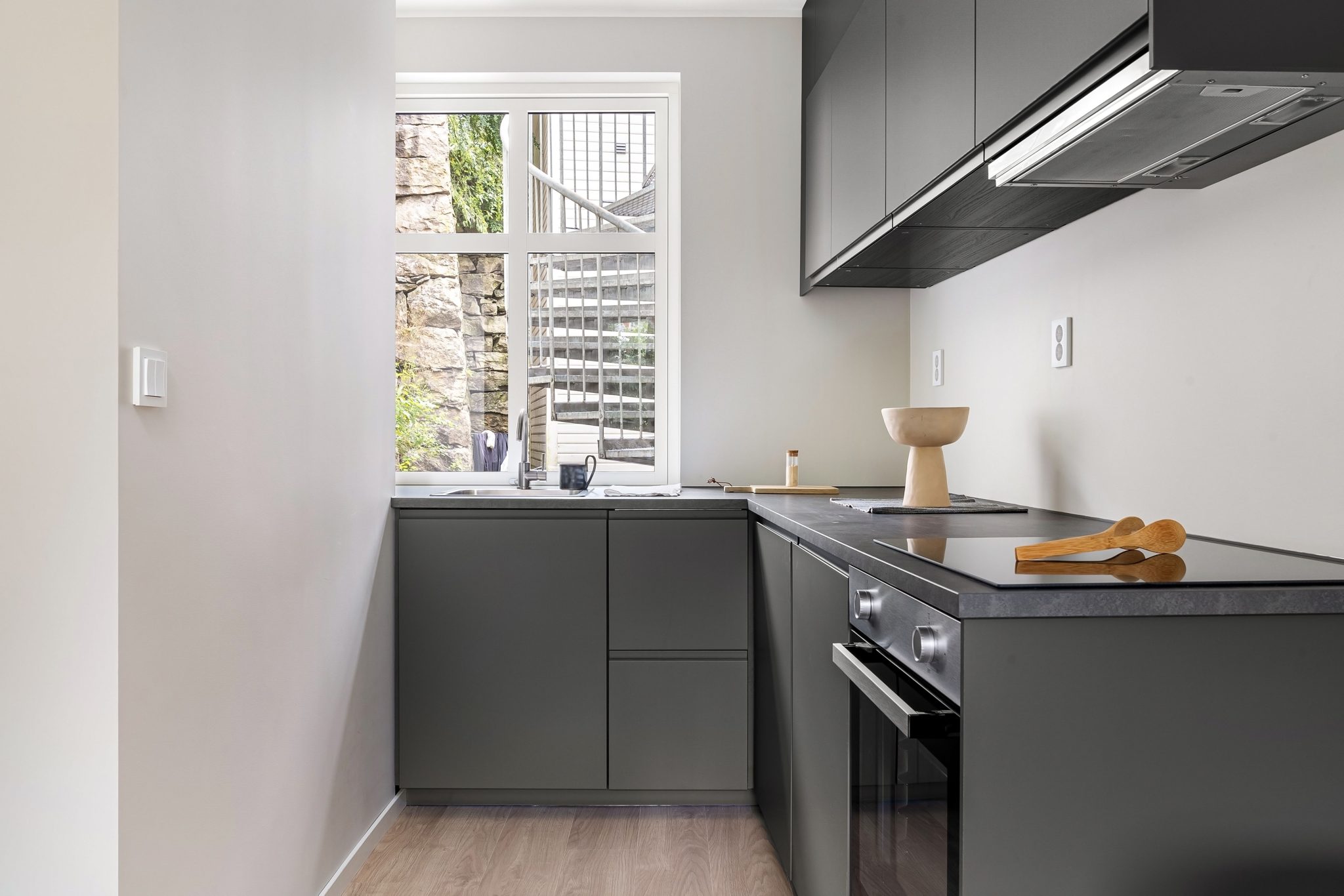 Sleek kitchen featuring black cabinets, minimalist design, and natural light through window.