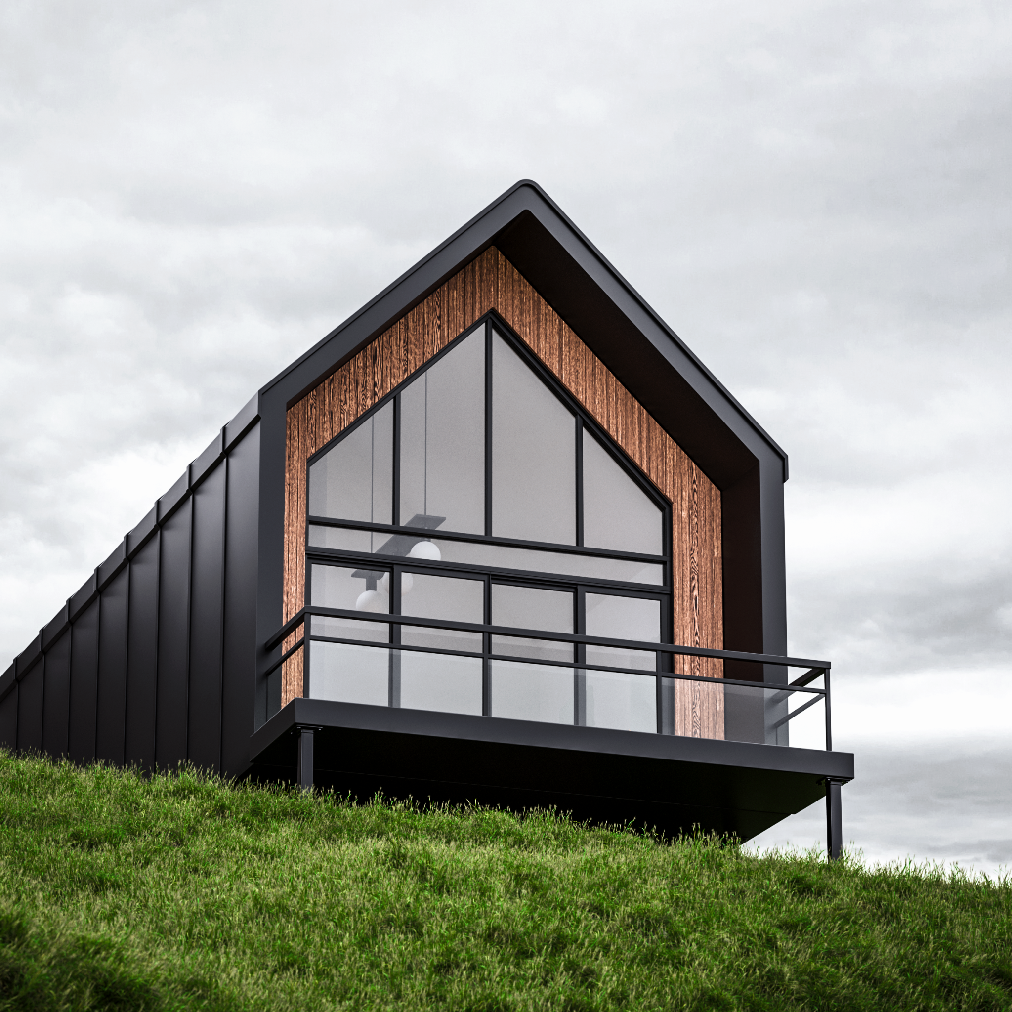 Sleek modern cabin design with glass facade and black metal frame on a lush green hillside.