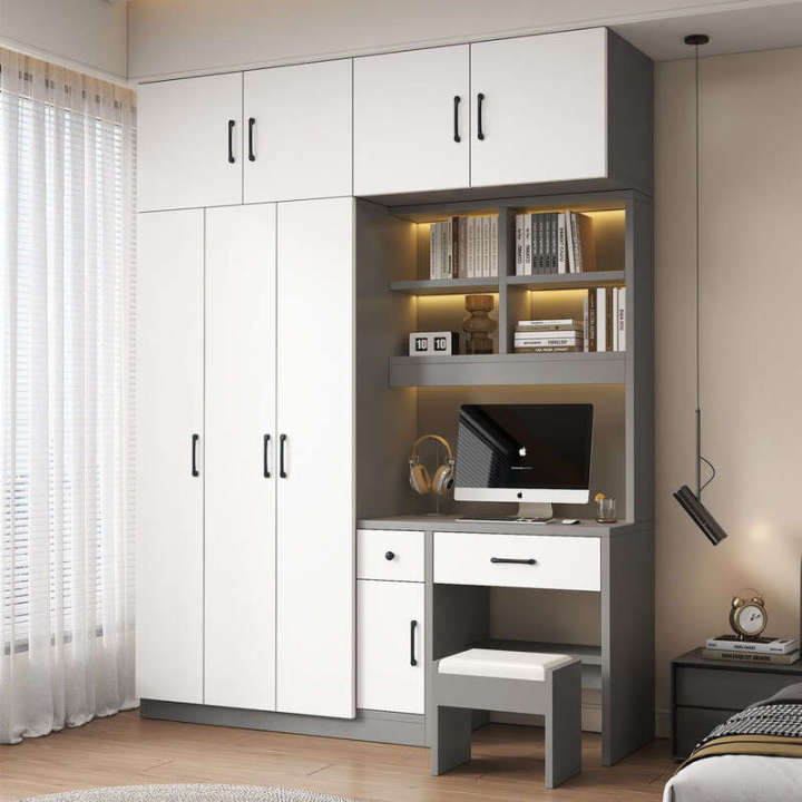 Solid Wood Wardrobe Desk Combo for Home Bedroom Small Apartment Children's Room Computer Desk with Bookshelf Combination Study Desk | Lazada Singapore