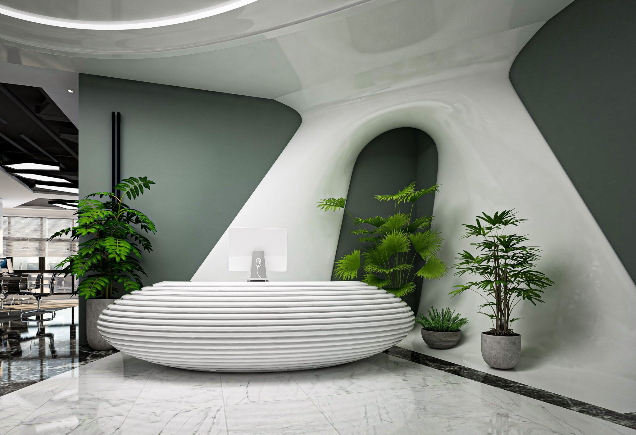 Stylish reception desk in a contemporary office with indoor plants and elegant design.