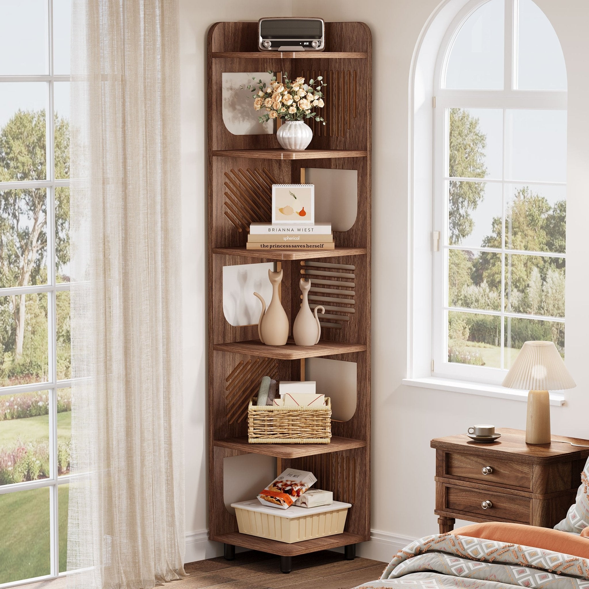 Tall Corner Bookcase Bedroom Corner Rack 71' Corner Shelf, Narrow Bookshelf Display Shelf With Storage Rack, Brown