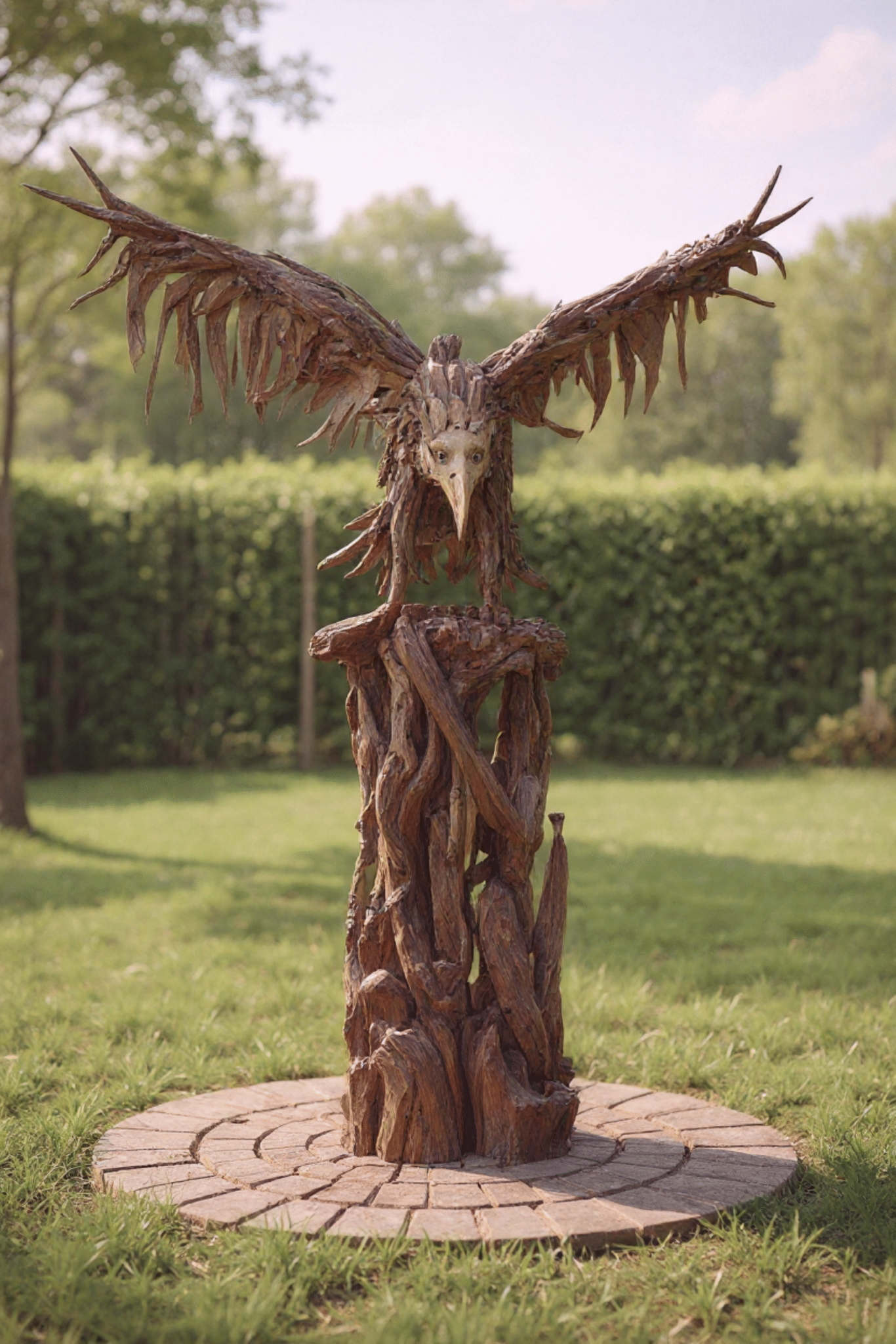Tall Natural Teak Wood Sculpture Flying American Eagle on Stump Driftwood Finish Large Yard Art Decor Statue '7'