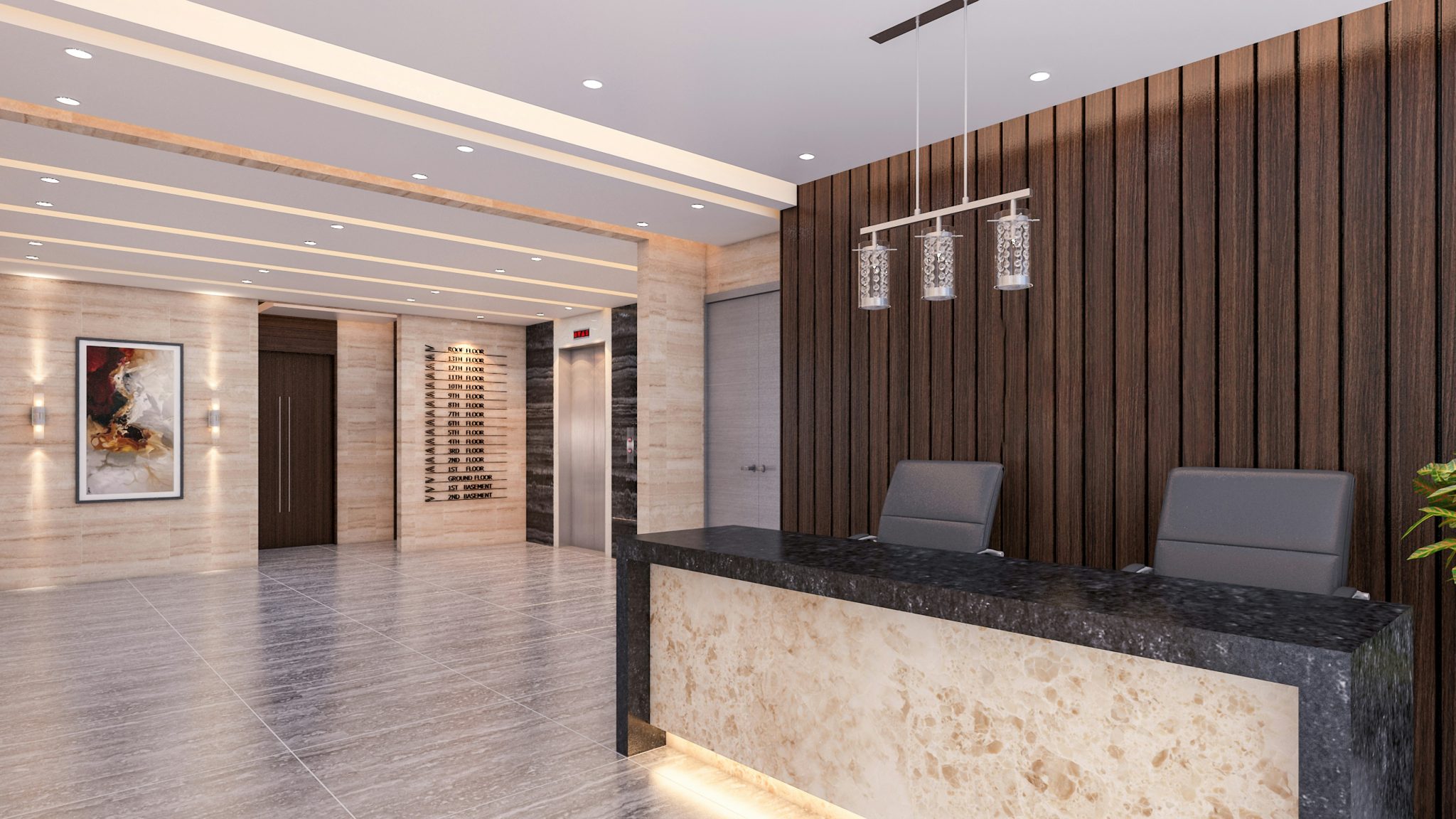 The image is a wide shot of a spacious and modern building lobby. A large, dark-topped reception desk with a marbled base dominates the right foreground. Two gray office chairs are tucked neatly behin