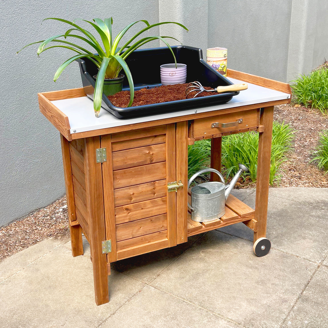 Tierra Garden Gardener's Table with Wheels, Cabinet and Drawer