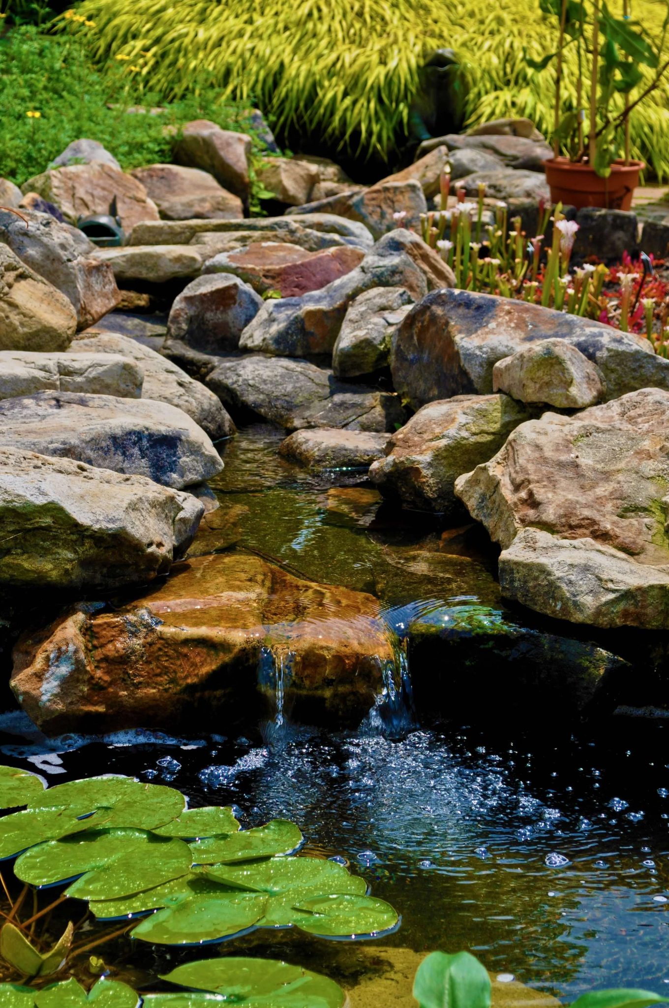 Tranquil garden scene with cascading water over rocks surrounded by lush plants.