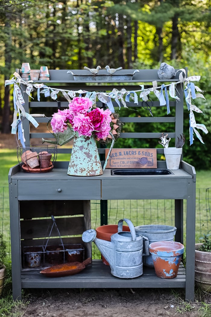 Upcycled Potting Bench 65 Wooden Outdoor Potting Bench Table, Garden Potting Bench