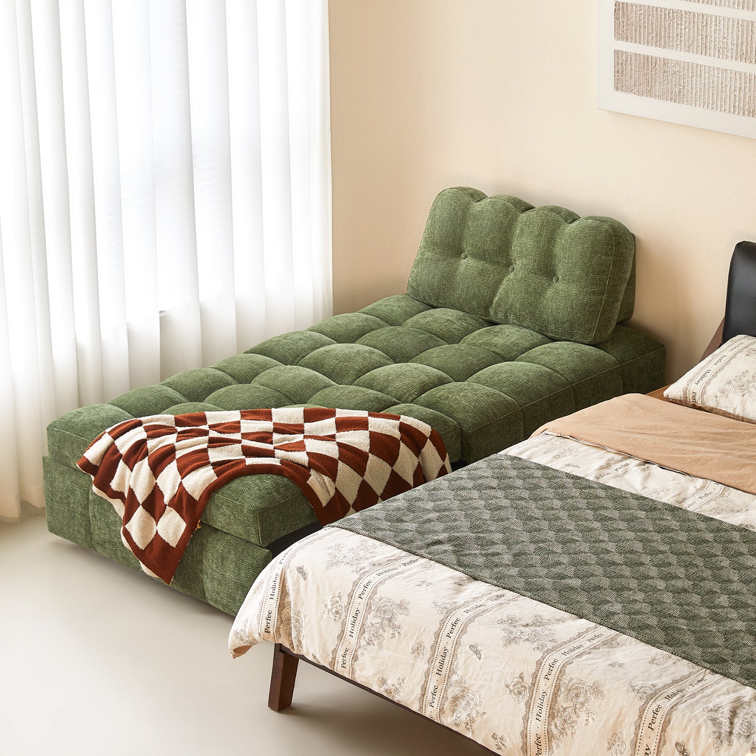 WEHOMZ Modern Chenille Pull-Out Sofa Bed – Forest Green, Creamy White