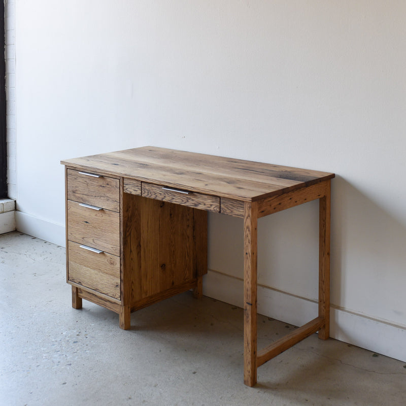 What WE Make Macie Wood Desk Reclaimed Oak Textured, 48'L x 24'D, Pull / Brass Height, Customizable Sizes & Finish