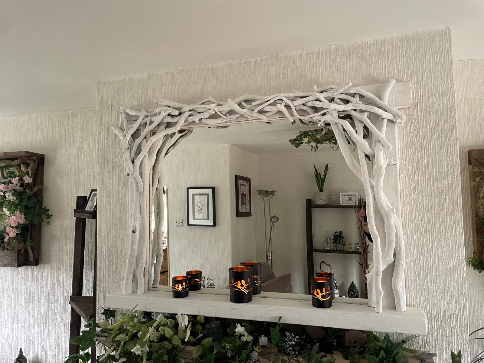 White Sculptured Driftwood Mirror with shelf