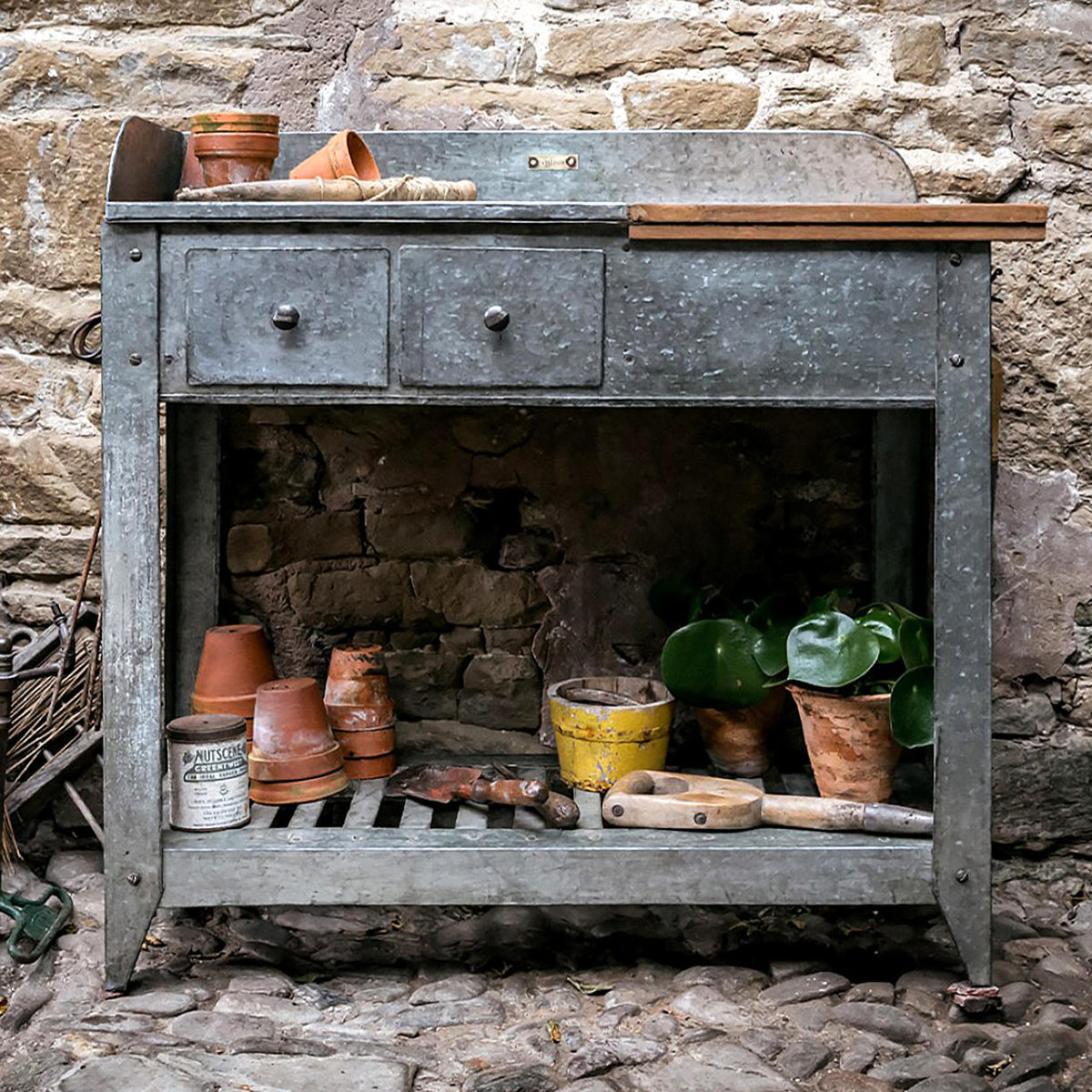 Wood Antique Potting Bench Galvanised Potting Table Garden Greenhouse Wilstone