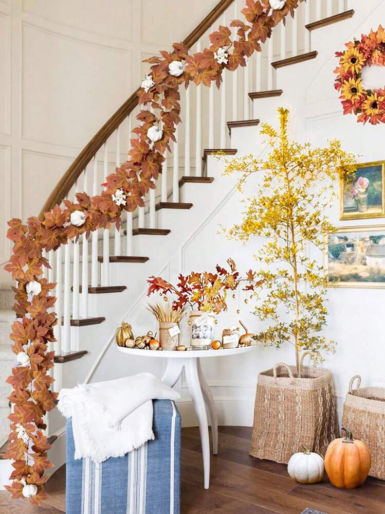 1Pack Neutral Fall Garland For Mantle Fireplace Outdoor Autumn Leaves Decor For Home Front Door With Pumpkins Farmhouse Indoor Maple For Table Stairs Porch Thanksgiving Halloween Decorations | SHEIN