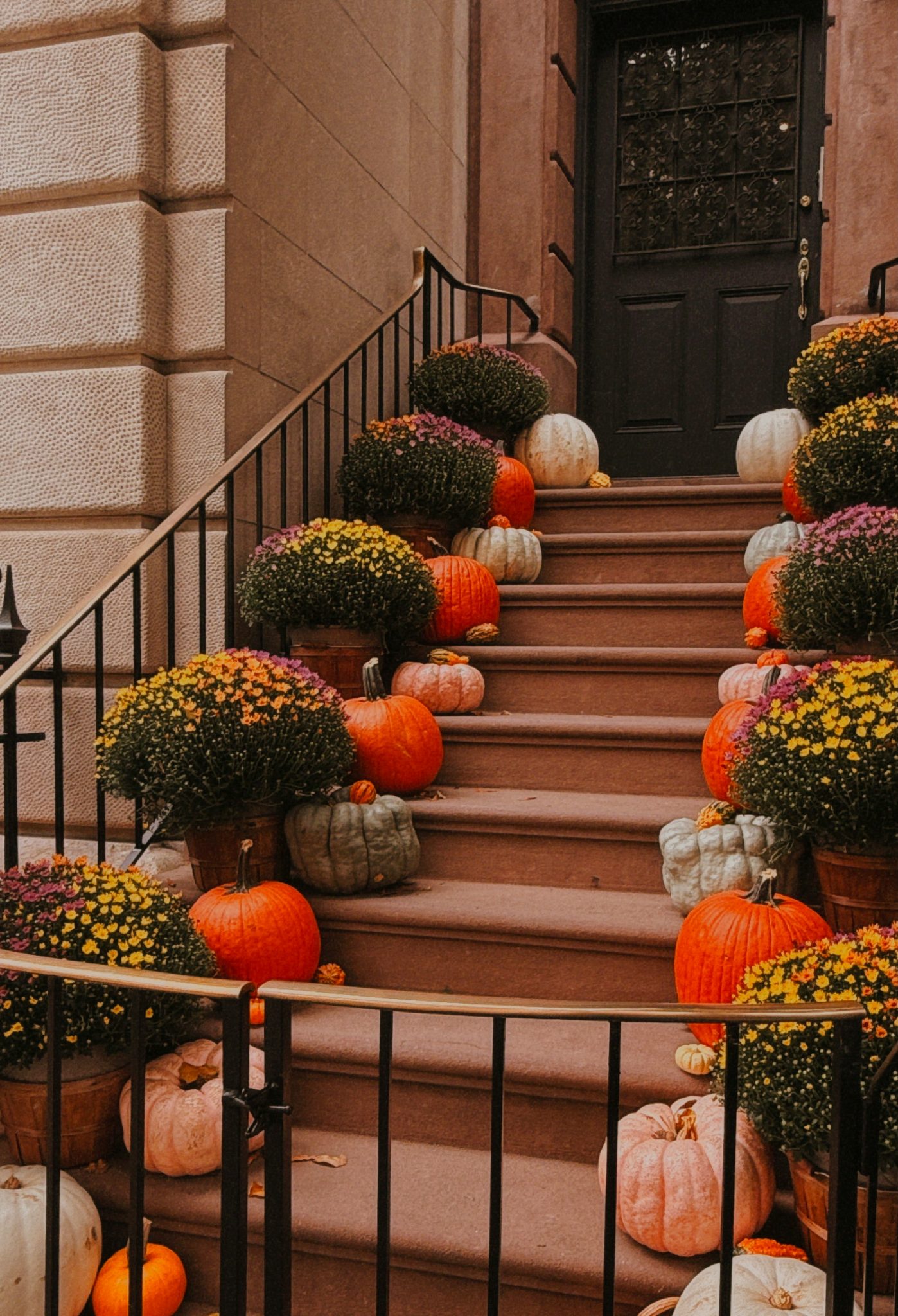 A bunch of pumpkins sitting on the steps of a building
