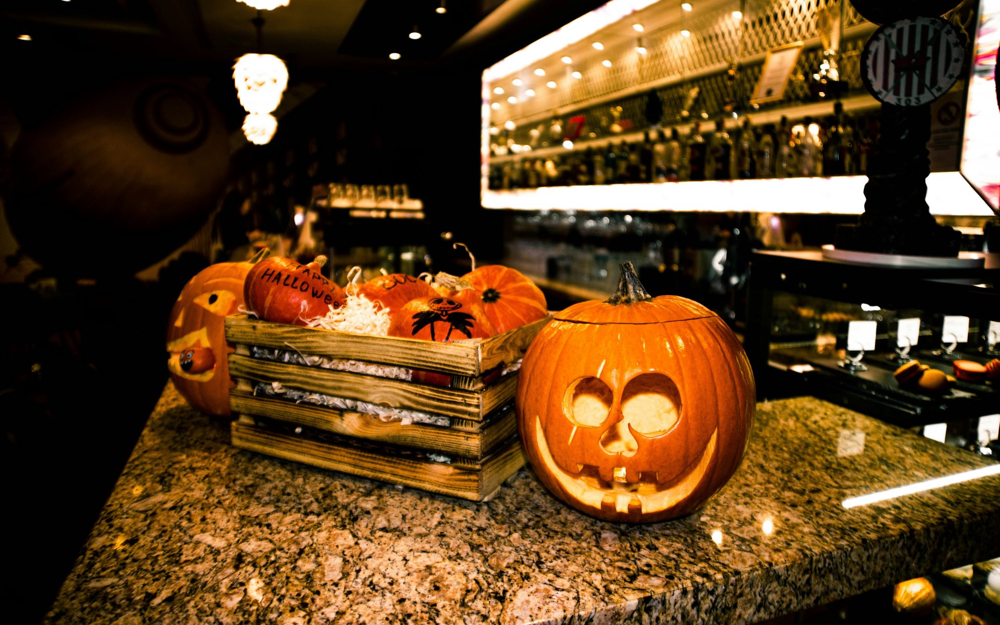 a group of carved pumpkins