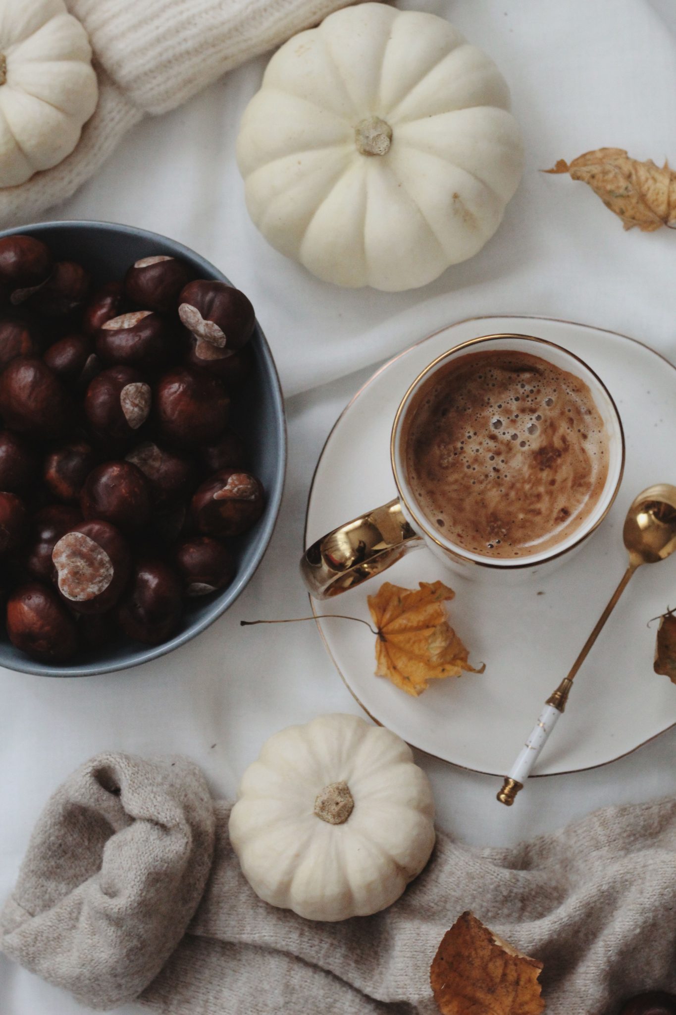 A warm autumn scene featuring coffee, chestnuts, and mini pumpkins with cozy textiles.