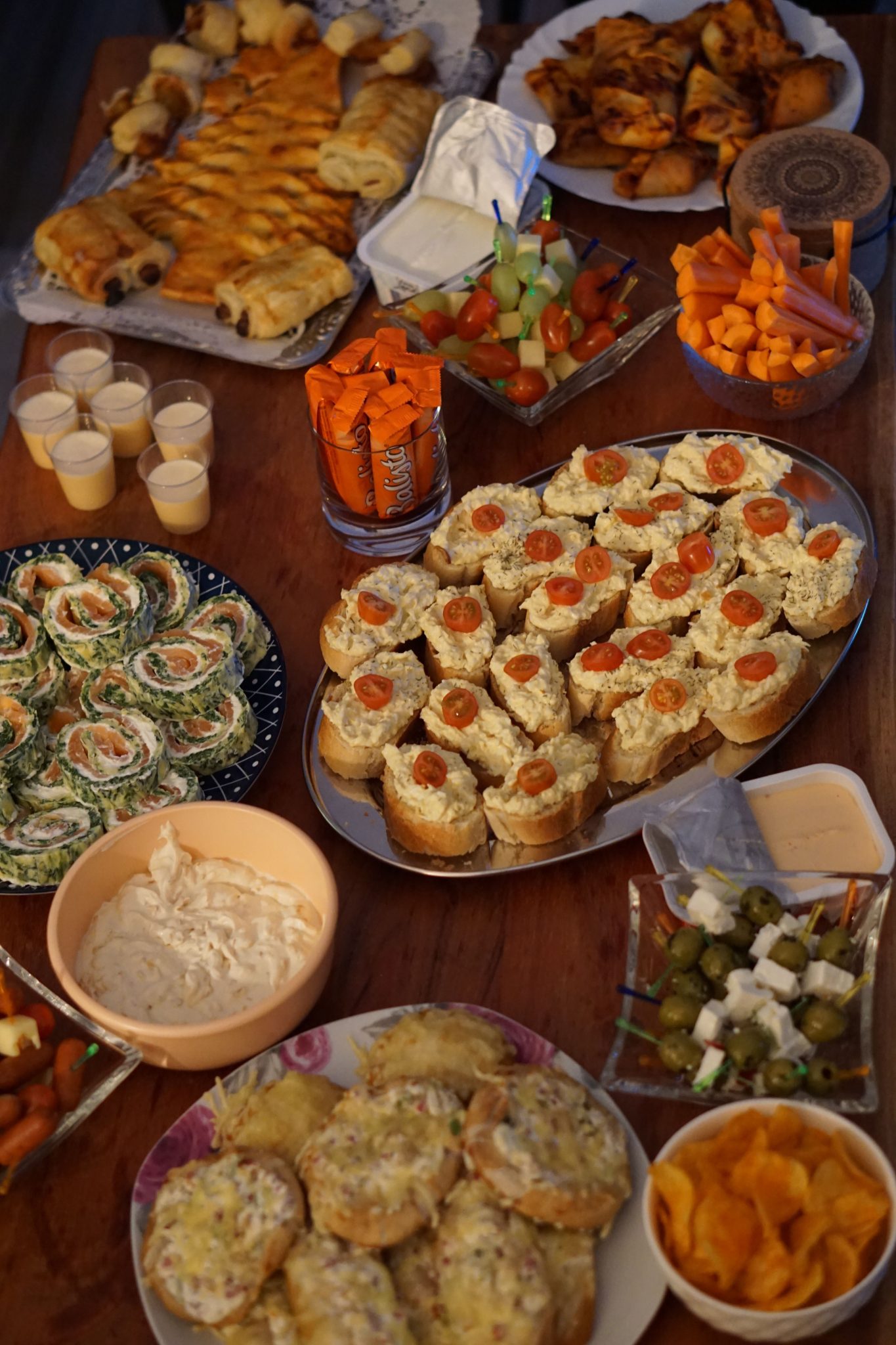 An inviting array of appetizers and snacks beautifully arranged on a buffet table.