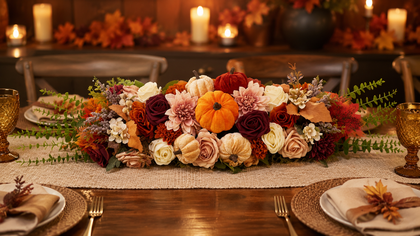 Autumn Floral Centerpiece with Pumpkins and Roses – Atelier