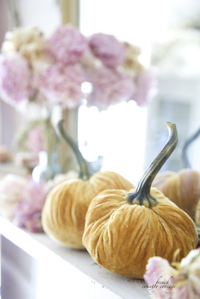 Autumn mantel decor~ Velvet pumpkins - French Country Cottage